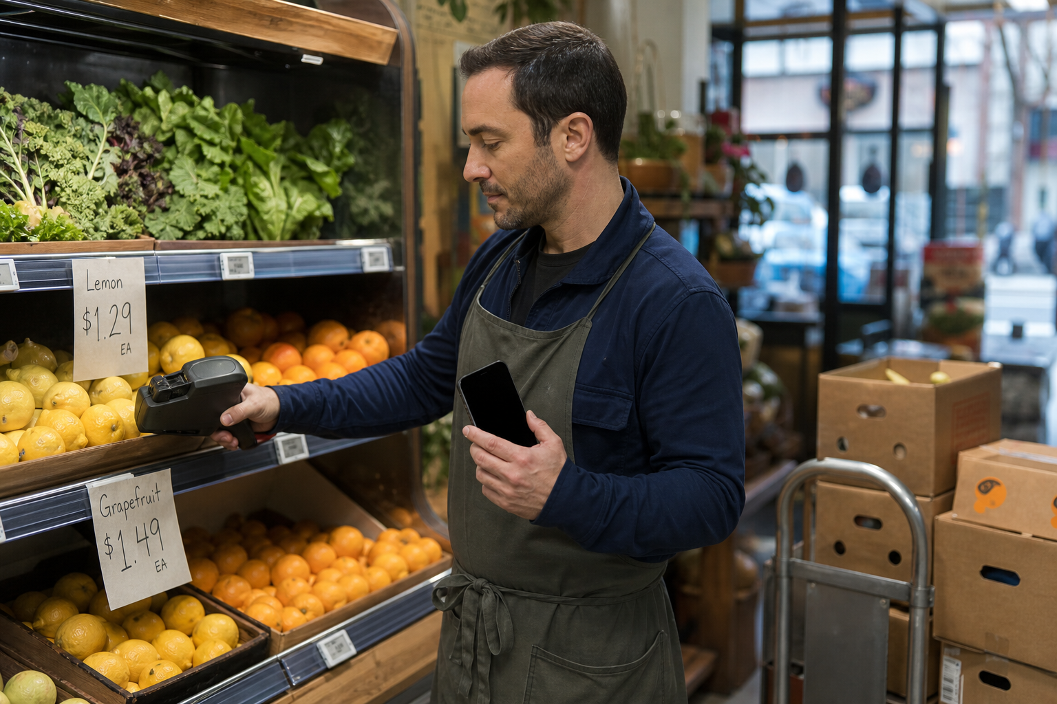 Grocery owner updating produce shelf price tags in the aisle with a label gun