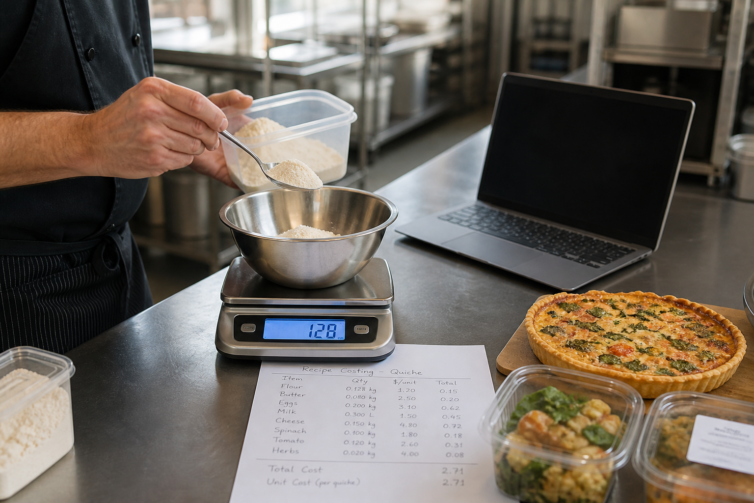 Chef weighing flour for recipe costing beside a finished quiche and cost sheet