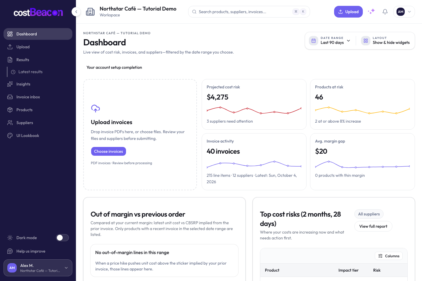 CostBeacon dashboard showing projected cost risk, products at risk, and invoice activity