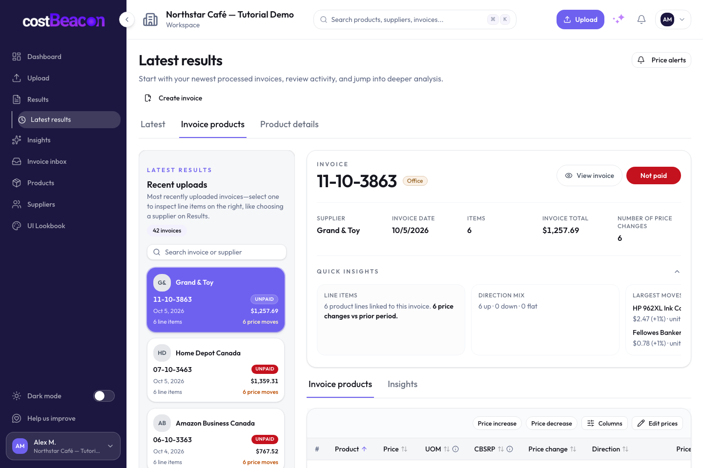 CostBeacon Latest results screen with a Grand and Toy invoice, quick insights, and extracted line items