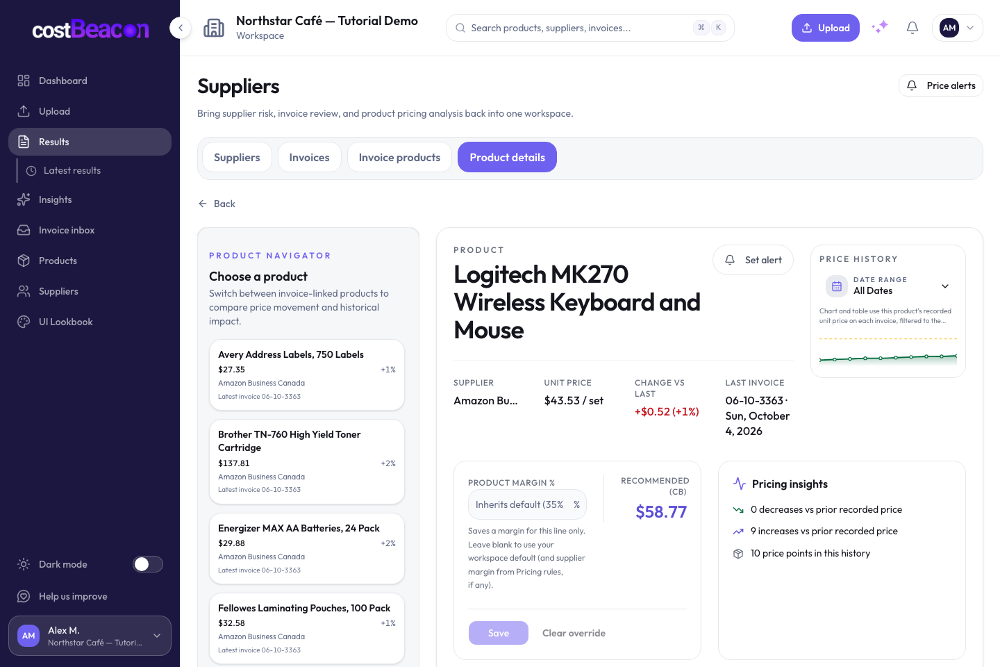 CostBeacon product details for the Logitech MK270 showing current unit price, latest change, margin, and ten price points