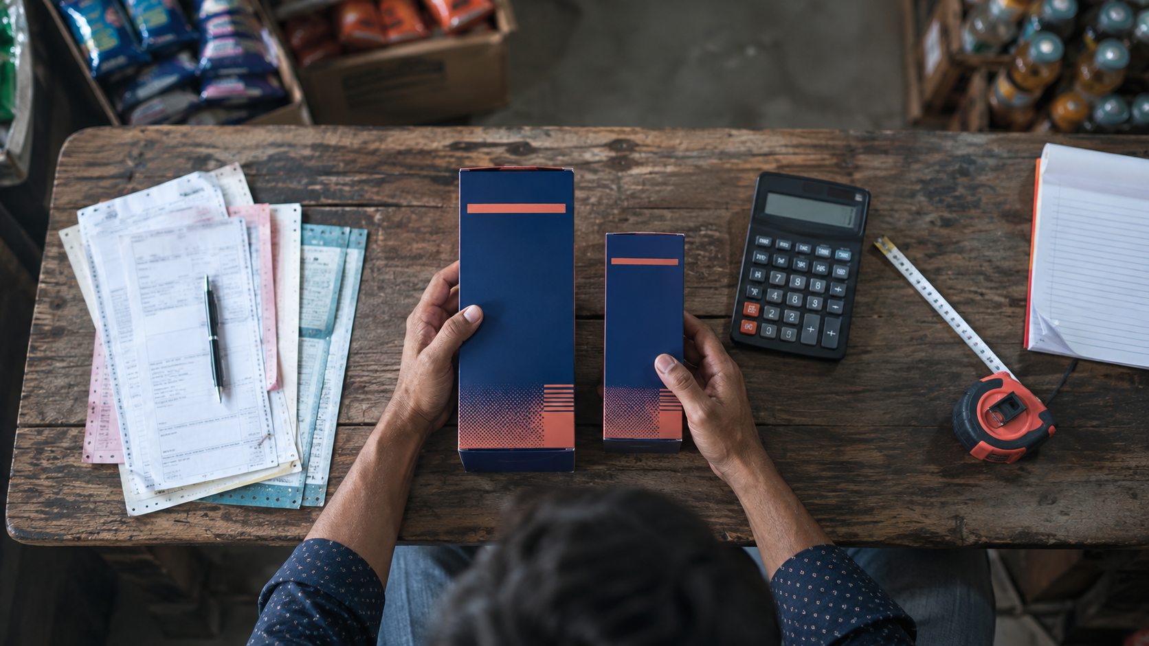 Retail operator comparing two product cases with different pack sizes beside invoices