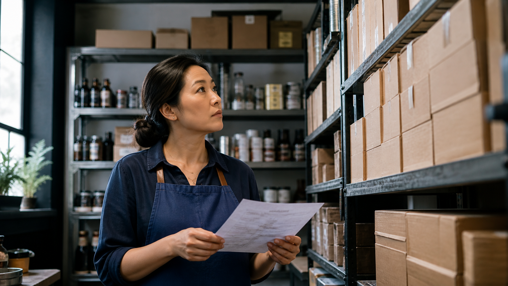Restaurant operator reviewing a supplier list in a storeroom dominated by one source