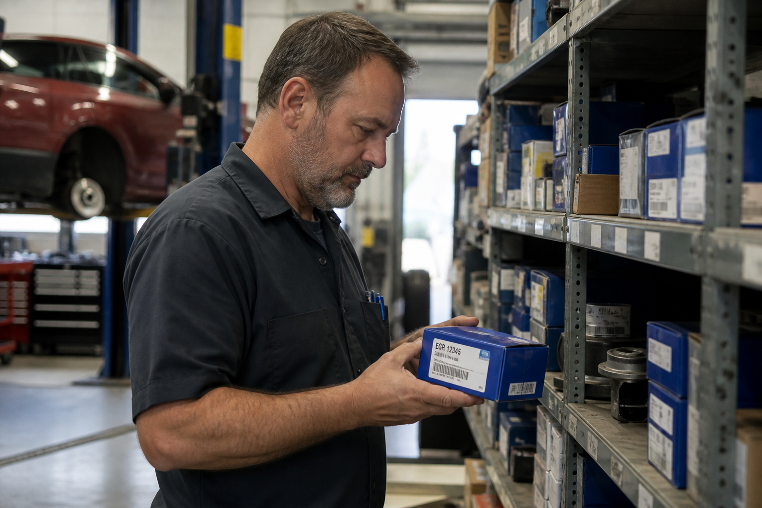 Auto shop manager pulling a boxed part from stockroom shelves with a service bay behind