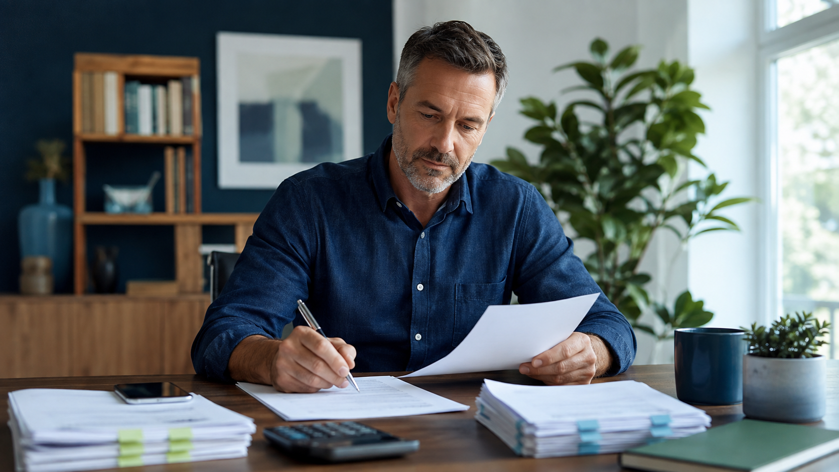Business owner drafting a response beside supplier invoices and a calculator