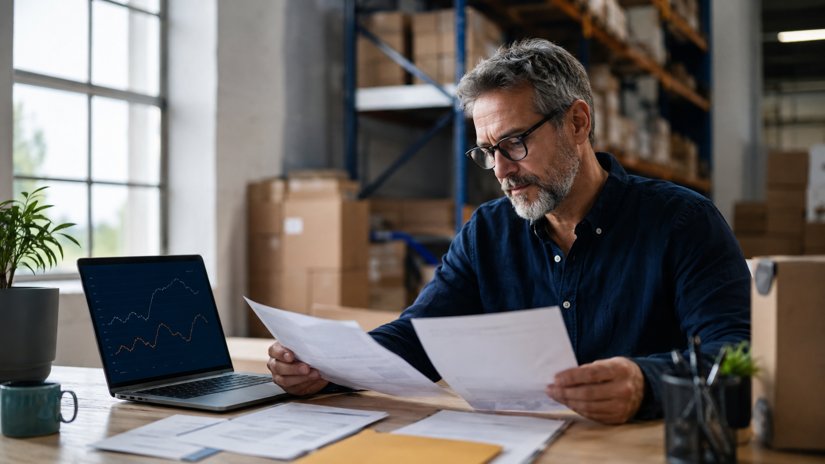 Business owner comparing supplier invoices with a price-history analysis at a warehouse desk