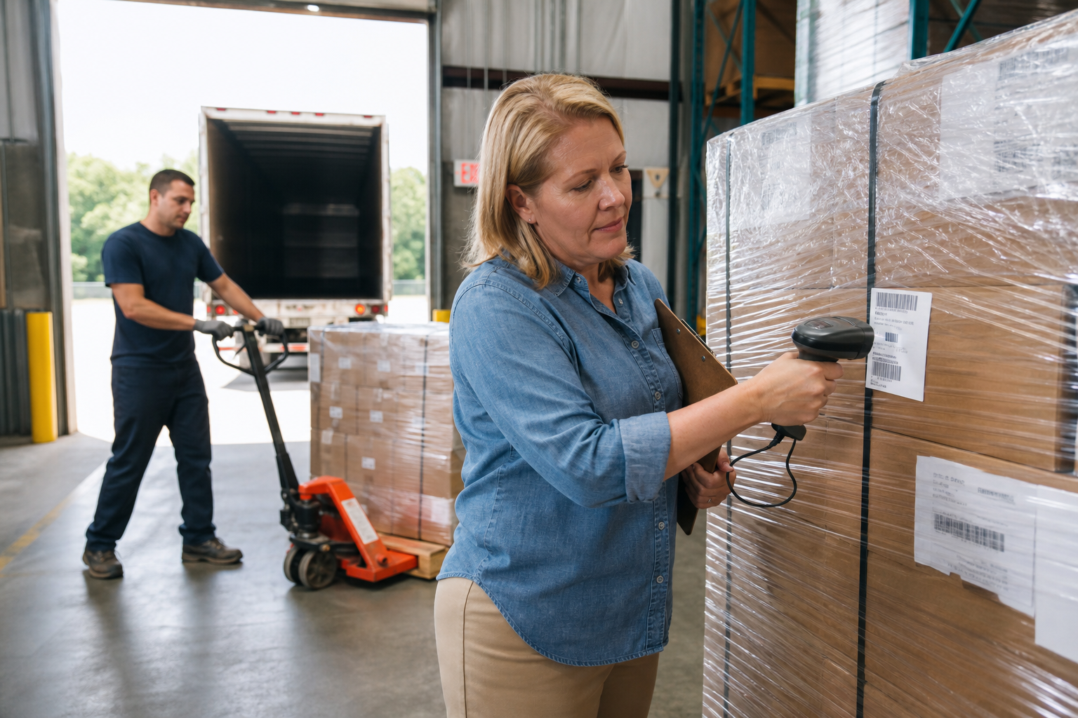 Warehouse manager scanning a pallet barcode at the receiving dock while freight is unloaded