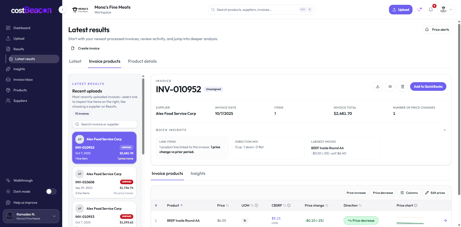 CostBeacon price change alerts showing supplier cost increases and margin thresholds