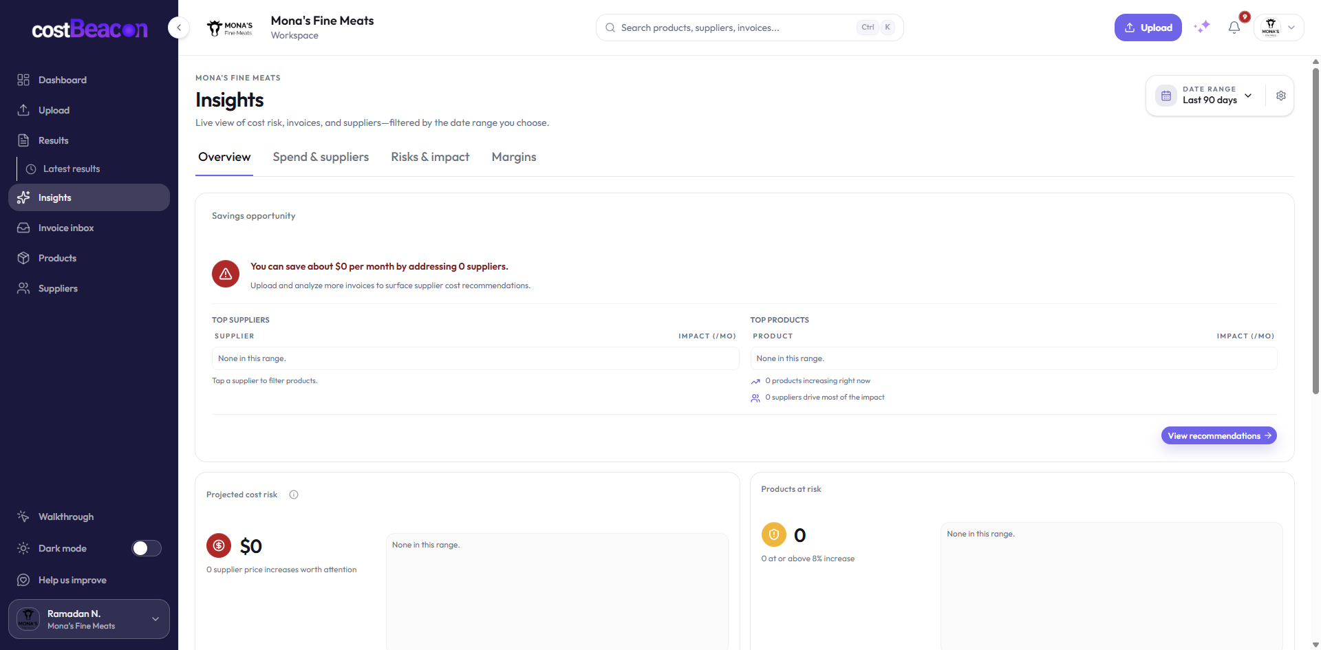 CostBeacon Insights dashboard with cost trends, supplier pressure, and margin analytics
