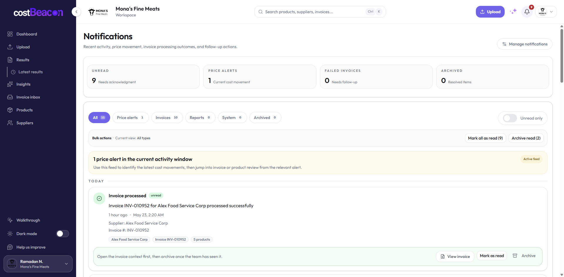 CostBeacon price change alerts showing supplier cost increases and margin thresholds