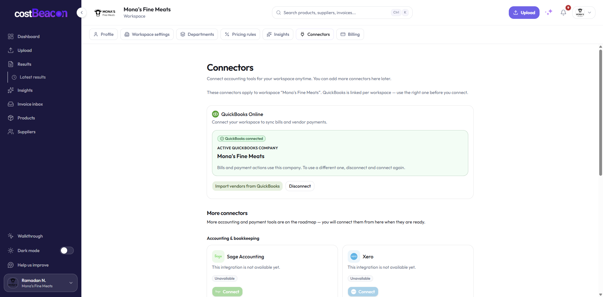 CostBeacon integration settings for QuickBooks Online and accounting software connections