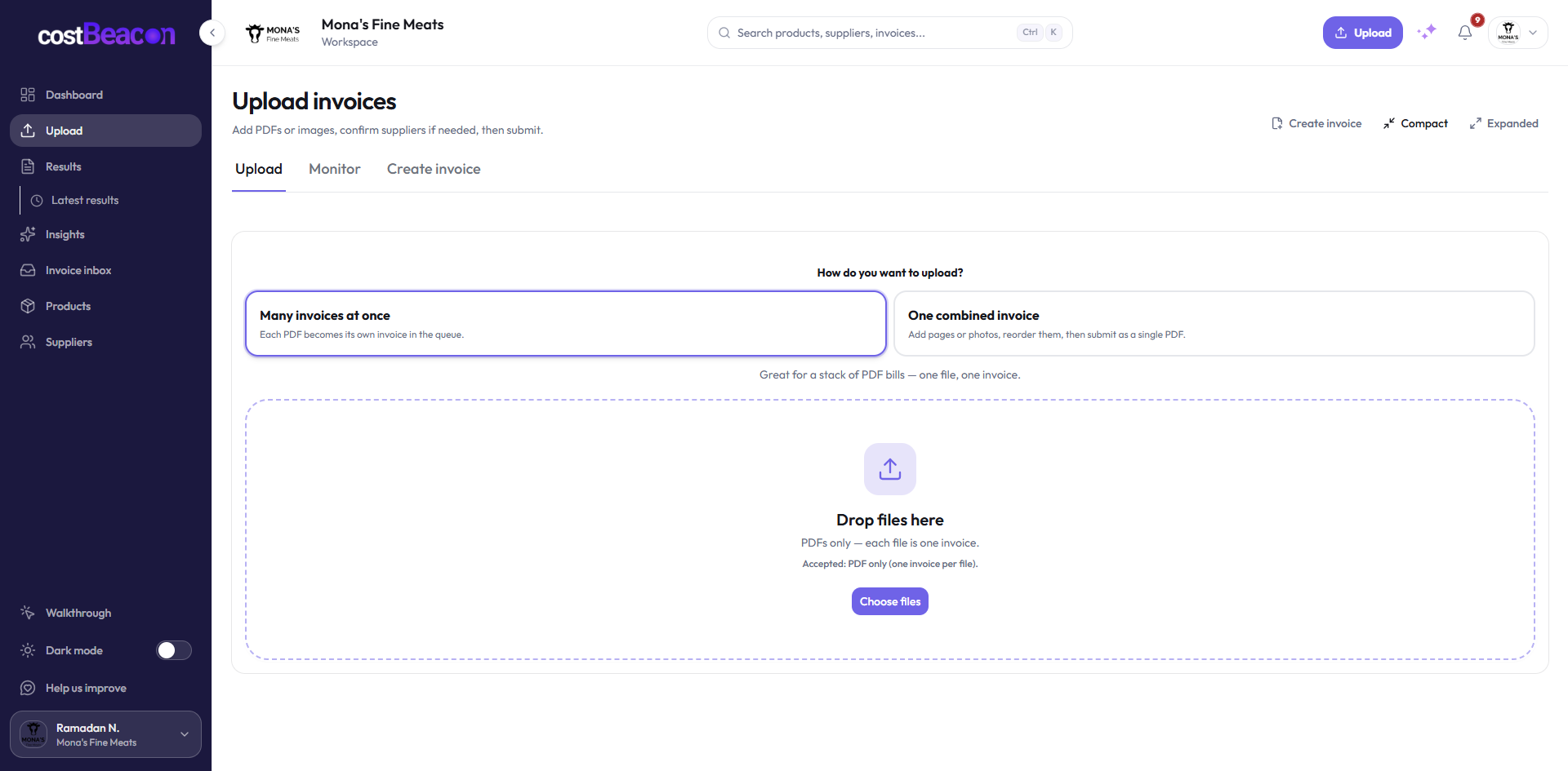 CostBeacon invoice upload screen for adding supplier PDF invoices and scans