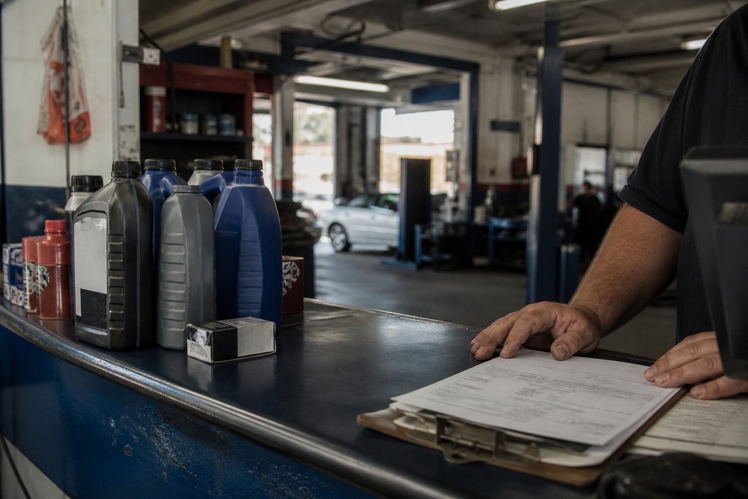 Documentary photo of an auto repair parts counter with oils, filters, and a parts invoice