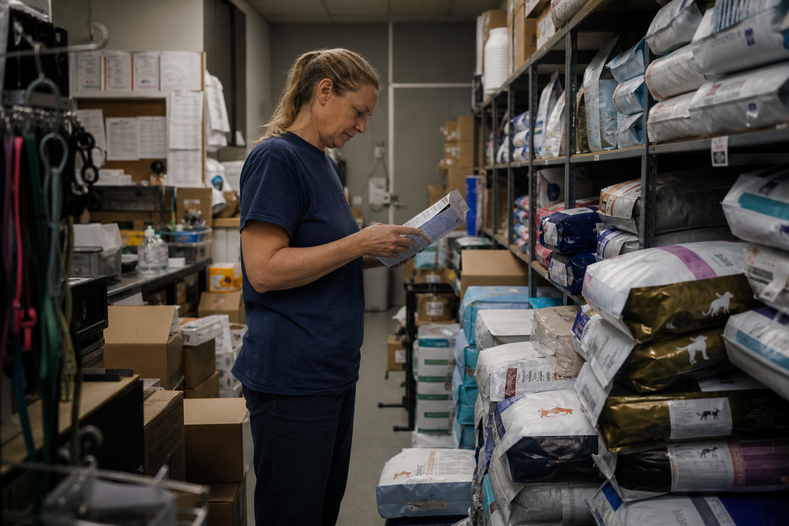 Documentary photo of a pet supply stockroom with stacked food bags and clinic boxes