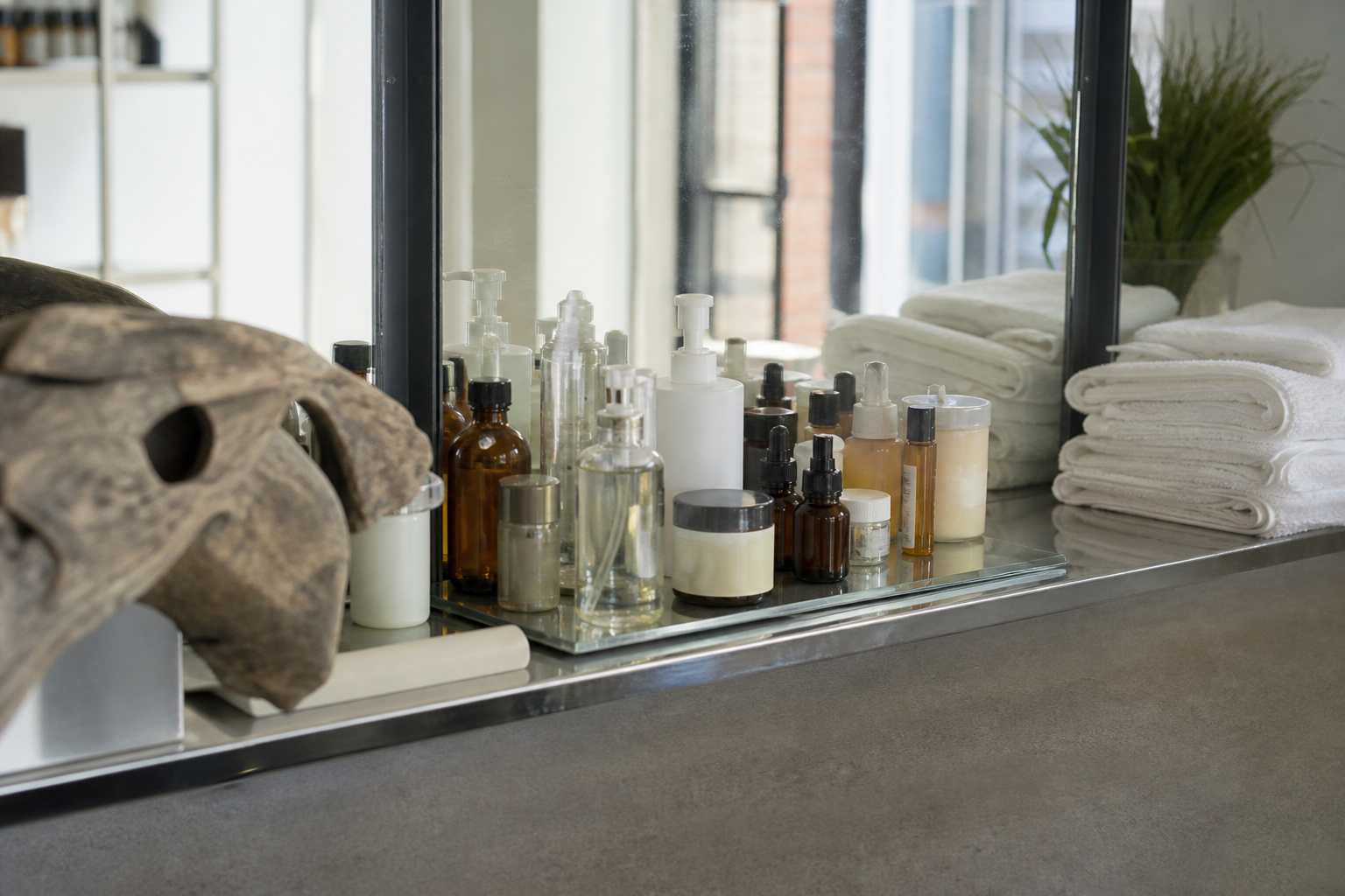 Documentary photo of a salon backbar with color and treatment products in soft morning light